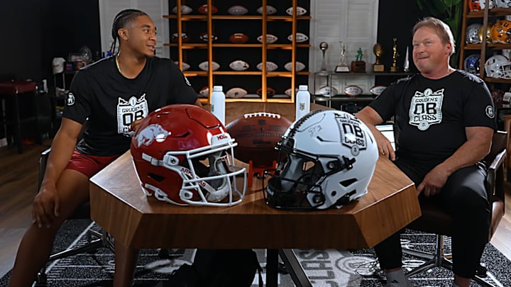 Arkansas quarterback Taylen Green watches film with former NFL coach John Gruden on "Gruden's Quarterback Class."