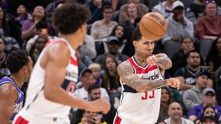 Jan 19, 2025; Sacramento, California, USA; Washington Wizards forward Kyle Kuzma (33) passes the ball to guard Jordan Poole (13) during the second quarter of the game against the Sacramento Kings at Golden 1 Center. Mandatory Credit: Ed Szczepanski-Imagn Images Jan 19, 2025; Sacramento, California, USA; Washington Wizards forward Kyle Kuzma (33) passes the ball to guard Jordan Poole (13) during the second quarter of the game against the Sacramento Kings at Golden 1 Center. Mandatory Credit: Ed Szczepanski-Imagn Images