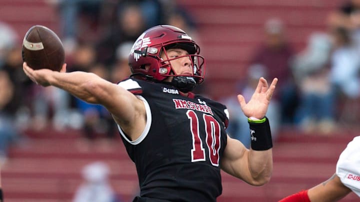 NMSU quarterback Diego Pavia throws the ball during a NMSU football game on Wednesday, May 22, 2023,