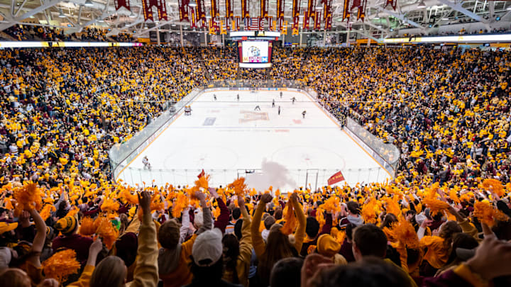 Fans inside 3M Arena at Mariucci in Minneapolis, Minnesota. Fans inside 3M Arena at Mariucci in Minneapolis, Minnesota.