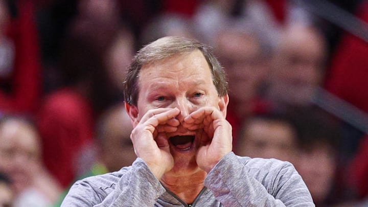 Jan 5, 2026; Piscataway, New Jersey, USA; Oregon Ducks head coach Dana Altman reacts during the second half against the Rutgers Scarlet Knights at Jersey Mike's Arena. Mandatory Credit: Vincent Carchietta-Imagn Images