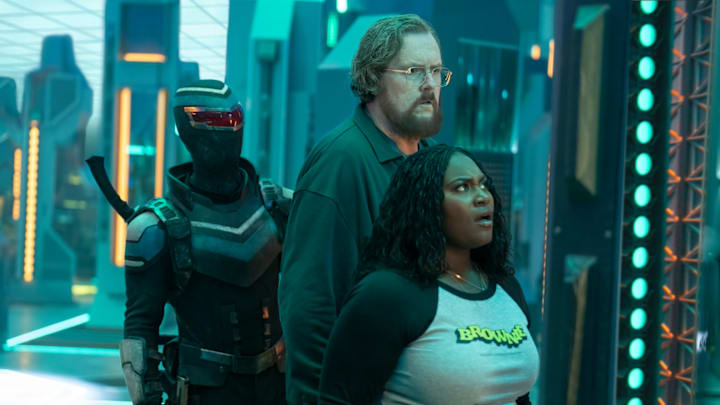 Freddie Stroma, Steve Agee, and Danielle Brooks in Peacemaker season 2. 