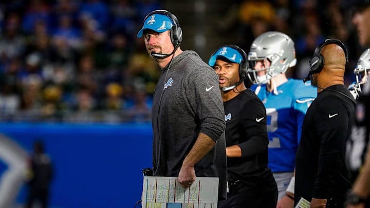 Detroit Lions head coach Dan Campbell watches a play against Green Bay Packers during the second half at the Ford Field in Detroit on Sunday, Jan. 9, 2022.