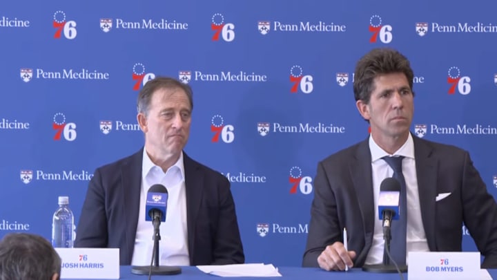 Josh Harris and Bob Myers at Sixers' end-of-season press conference. Josh Harris and Bob Myers at Sixers' end-of-season press conference.