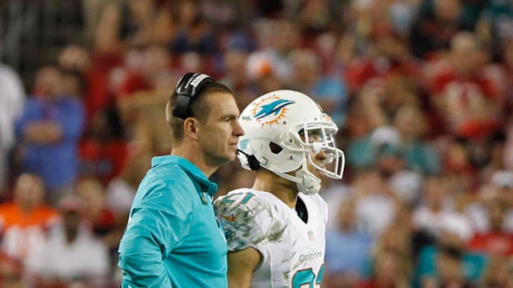 Miami Dolphins cornerback Brent Grimes (21) talks with defensive back coach Lou Anarumo during the second half at Raymond James Stadium in a 2013 game.