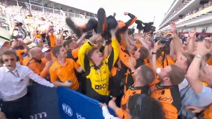 Lando Norris celebrates winning the Miami Grand Prix on Sunday.