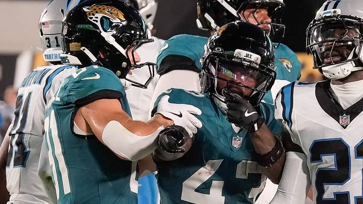 Jacksonville Jaguars running back Ameer Abdullah (43) signals a first down in the first quarter during the first half against the Carolina Panthers at EverBank Stadium in the second preseason game on Friday night, August 21, 2026 in Jacksonville, Fla. Jacksonville Jaguars running back Ameer Abdullah (43) signals a first down in the first quarter during the first half against the Carolina Panthers at EverBank Stadium in the second preseason game on Friday night, August 21, 2026 in Jacksonville, Fla.