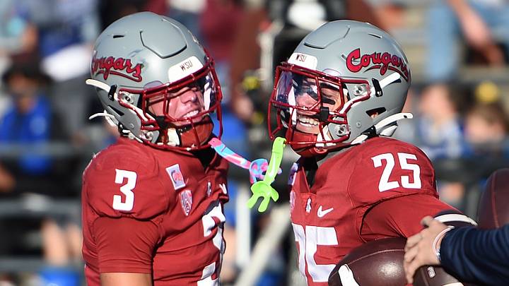 Washington State Cougars safety Jaylen Thomas (3) and Washington State Cougars safety Jackquintin Bal (25) celebrate after scoring a touchdown against the Arizona Wildcats during the first half at Gesa Field at Martin Stadium. Washington State Cougars safety Jaylen Thomas (3) and Washington State Cougars safety Jackquintin Bal (25) celebrate after scoring a touchdown against the Arizona Wildcats during the first half at Gesa Field at Martin Stadium.