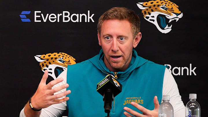 Jacksonville Jaguars head coach Liam Coen talked about the upcoming NFL draft during the annual pre-draft luncheon press conference in the media room at the Miller Electric Center Thursday April 9, 2026. [Doug Engle/Florida Times-Union]