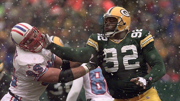 Green Bay Packers defensive end Reggie White in a game against the Tennessee Oilers on Dec. 20, 1998, at Lambeau Field. Green Bay Packers defensive end Reggie White in a game against the Tennessee Oilers on Dec. 20, 1998, at Lambeau Field.