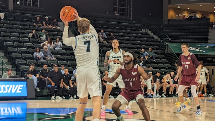 Tulane guard Rowan Brumbaugh looks to pass in an exhibition game against Centenary
