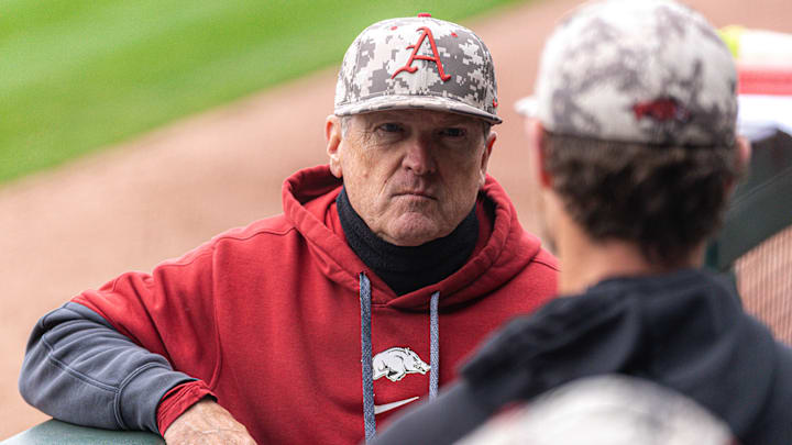 Arkansas coach Dave Van Horn in the dugout during the first game against the Missouri Tigers. The Razorbacks won 14-4 and scored a school record 51 runs in an SEC series. Arkansas coach Dave Van Horn in the dugout during the first game against the Missouri Tigers. The Razorbacks won 14-4 and scored a school record 51 runs in an SEC series.