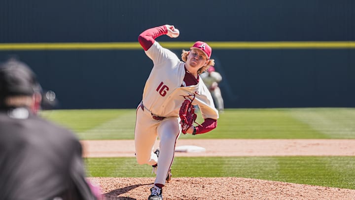 Aiden Jimenez throws a pitch against Portland. The Razorbacks won the game 5-3 and swept the series