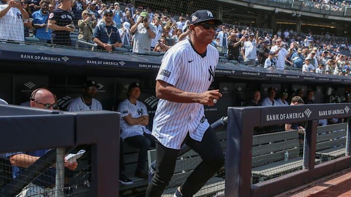 Aug 24, 2024; Bronx, New York, USA;  Former New York Yankees third baseman Alex Rodriguez is introduced at the Old Timers’ Day Ceremony at Yankee Stadium. Mandatory Credit: Wendell Cruz-Imagn Images