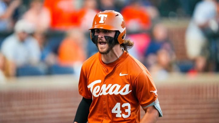 Texas Longhorns outfielder Aiden Robbins celebrates after hitting a home run against the Auburn Tigers.