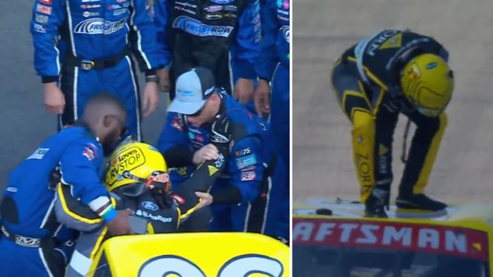 Layne Riggs suffered a dislocated shoulder after celebrating his first NASCAR Craftsman Truck Series victory at the Milwaukee Mile. Layne Riggs suffered a dislocated shoulder after celebrating his first NASCAR Craftsman Truck Series victory at the Milwaukee Mile.