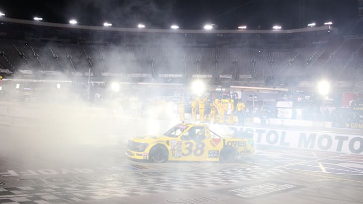 Layne Riggs scored his second consecutive win in the NASCAR Craftsman Truck Series as the Front Row Motorsports driver won Thursday night's UNOH 200 at Bristol Motor Speedway. Layne Riggs scored his second consecutive win in the NASCAR Craftsman Truck Series as the Front Row Motorsports driver won Thursday night's UNOH 200 at Bristol Motor Speedway.