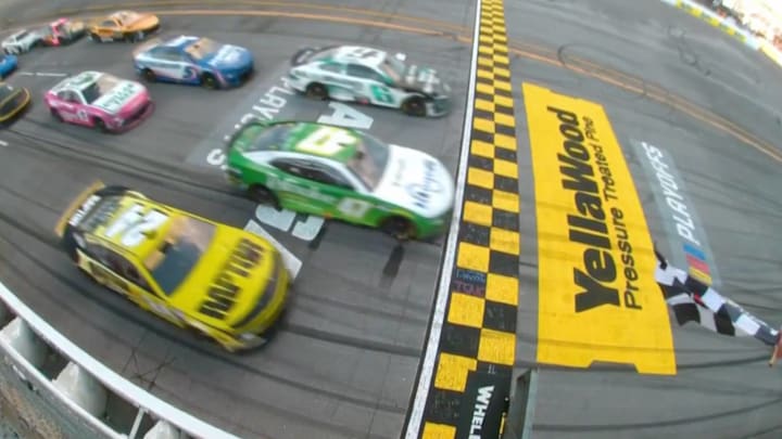Ricky Stenhouse, Jr. beat Brad Keselowski to the start-finish line by 0.006 seconds to win the YellaWood 500 at Talladega Superspeedway. Ricky Stenhouse, Jr. beat Brad Keselowski to the start-finish line by 0.006 seconds to win the YellaWood 500 at Talladega Superspeedway.