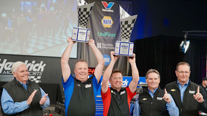 Shane Flake (second from left), and Danny Emerick (center) captured the 2024 Randy Dorton Hendrick Engine Builder Showdown championship. Shane Flake (second from left), and Danny Emerick (center) captured the 2024 Randy Dorton Hendrick Engine Builder Showdown championship.