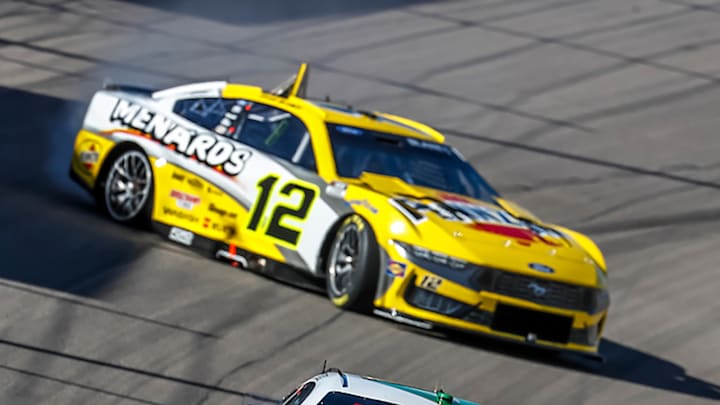Ryan Blaney suffered damage after a crash in practice for Sunday's Pennzoil 400 at Las Vegas Motor Speedway, which was triggered by a blown right rear tire.