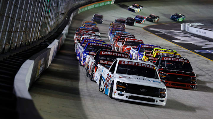 BRISTOL, TENNESSEE - APRIL 11: Chandler Smith, driver of the #38 QuickTie Ford, races during the NASCAR Craftsman Truck Series Weather Guard Truck Race at Bristol Motor Speedway on April 11, 2025 in Bristol, Tennessee. BRISTOL, TENNESSEE - APRIL 11: Chandler Smith, driver of the #38 QuickTie Ford, races during the NASCAR Craftsman Truck Series Weather Guard Truck Race at Bristol Motor Speedway on April 11, 2025 in Bristol, Tennessee.