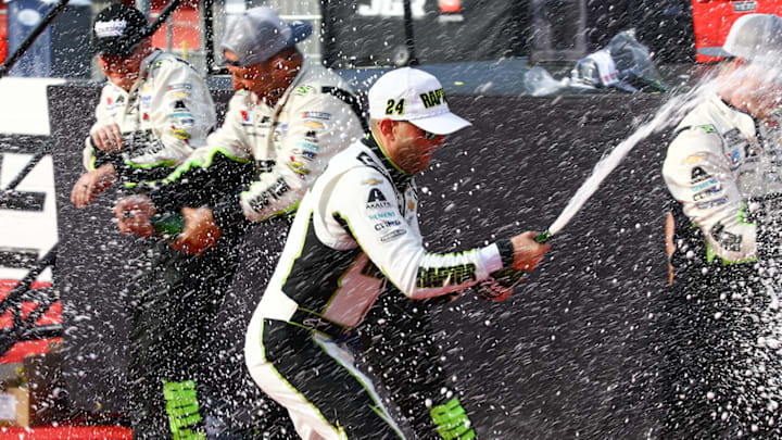 William Byron and the No. 24 Hendrick Motorsports team celebrate a win in the Iowa Corn 350 at Iowa Speedway.