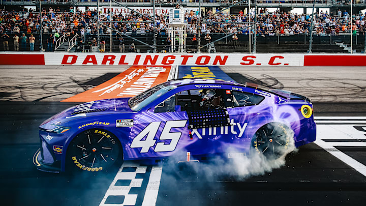 Tyler Reddick celebrates a win in the NASCAR Cup Series Goodyear 400 at Darlington Raceway. Tyler Reddick celebrates a win in the NASCAR Cup Series Goodyear 400 at Darlington Raceway.