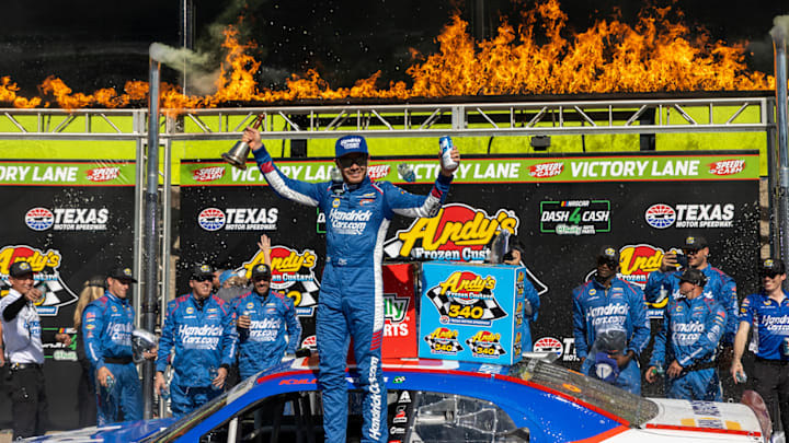 Kyle Larson celebrates a win in the Andy's Frozen Custard 340 at Texas Motor Speedway.
