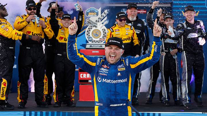 SAN DIEGO, CALIFORNIA - JUNE 19: Layne Riggs, driver of the #34 Mattermost Ford, celebrates in victory lane after winning the NASCAR Craftsman Truck Series Navy 250 at Naval Base Coronado on June 19, 2026 in San Diego, California. SAN DIEGO, CALIFORNIA - JUNE 19: Layne Riggs, driver of the #34 Mattermost Ford, celebrates in victory lane after winning the NASCAR Craftsman Truck Series Navy 250 at Naval Base Coronado on June 19, 2026 in San Diego, California.