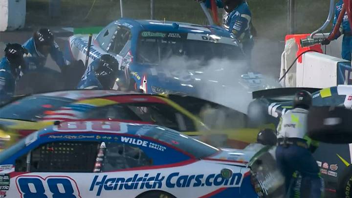 Nick Sanchez and Rajah Caruth crash into the No. 19 Joe Gibbs Racing team on pit road at World Wide Technology Raceway. Nick Sanchez and Rajah Caruth crash into the No. 19 Joe Gibbs Racing team on pit road at World Wide Technology Raceway.