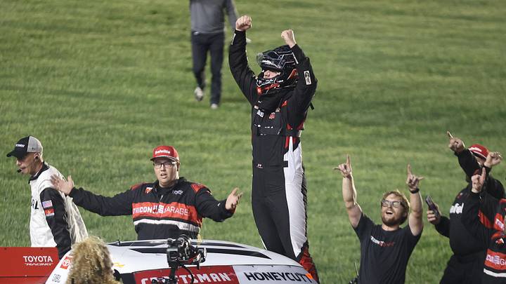 Kaden Honeycutt celebrates a win in the Race to Stop Suicide 200 at Kansas Speedway. Kaden Honeycutt celebrates a win in the Race to Stop Suicide 200 at Kansas Speedway.