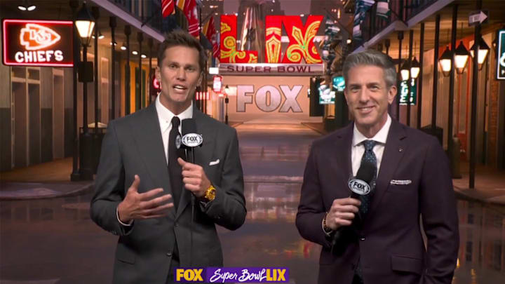 Fox Sports analyst Tom Brady and play-by-play announcer Kevin Burkhardt called Super Bowl LIX from a Bourbon Street-themed broadcast booth.