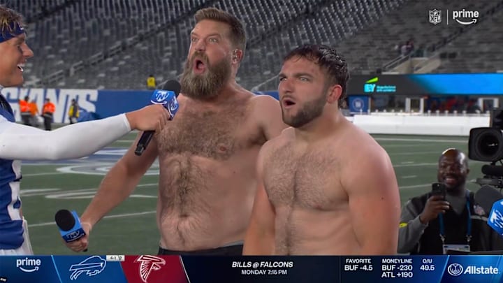 Ryan Fitzpatrick and Cam Skattebo found themselves shirtless on the Prime Video postgame show Thursday night.