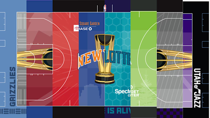 A collage of eight different home courts for the NBA Cup.