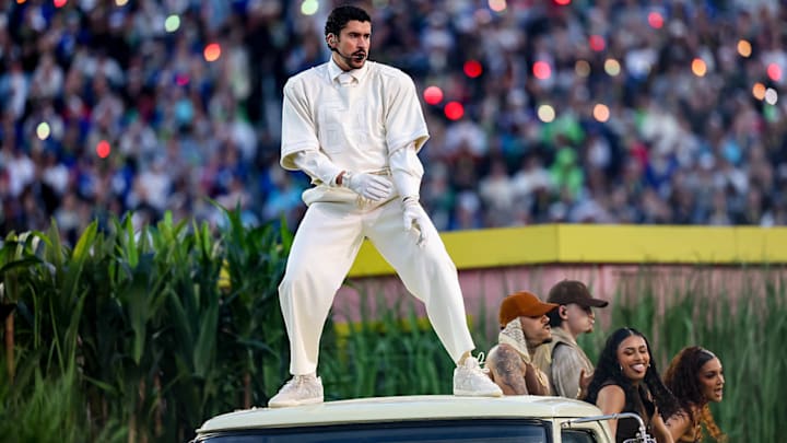 Bad Bunny performs at the Super Bowl 2026 halftime show.