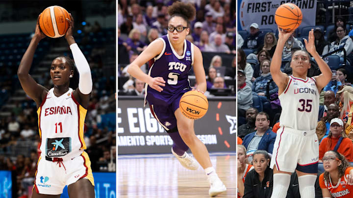 Awa Fam, Olivia Miles and Azzi Fudd (left to right) are all in contention as lottery picks for the 2026 draft. 