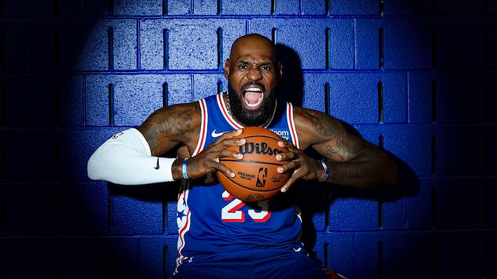 LeBron James donned a 76ers jersey for the first time Monday at media day. LeBron James donned a 76ers jersey for the first time Monday at media day.
