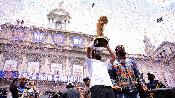 Jalen Brunson hoists the Larry O’Brien Trophy at the Knicks’ championship parade in June. Jalen Brunson hoists the Larry O’Brien Trophy at the Knicks’ championship parade in June.