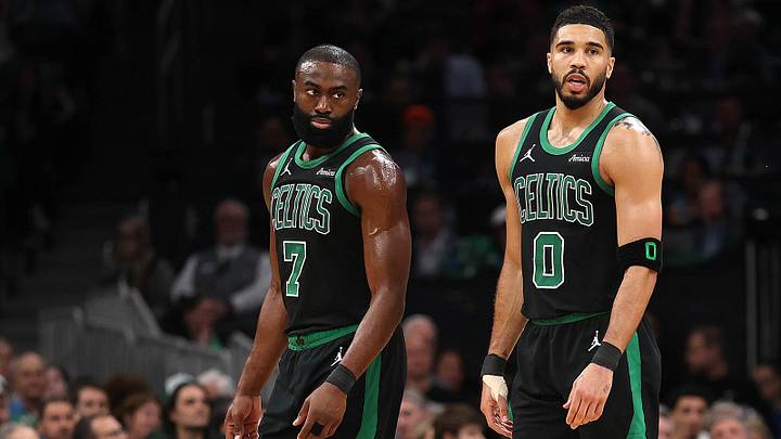 Jaylen Brown (left) and Jayson Tatum (right) were teammates for nine seasons in Boston. 