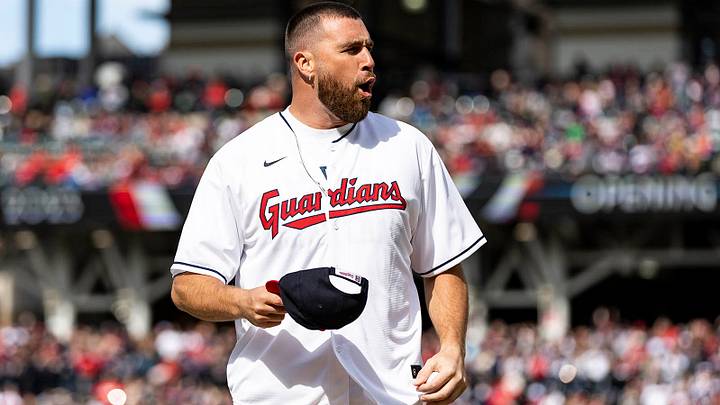 Kelce threw out the first pitch before a matchup between the Guardians and Mariners on April 7, 2023. Kelce threw out the first pitch before a matchup between the Guardians and Mariners on April 7, 2023.