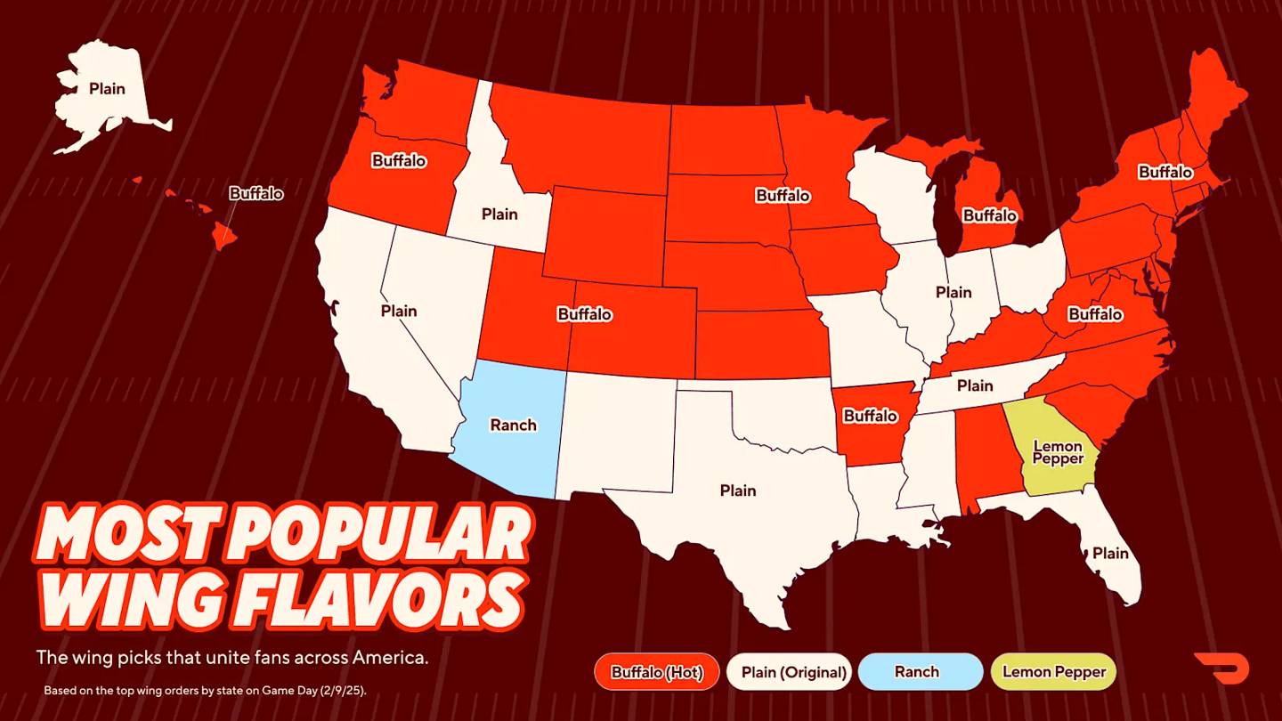 アメリカで人気のスーパーボウルウィングの味を示す地図