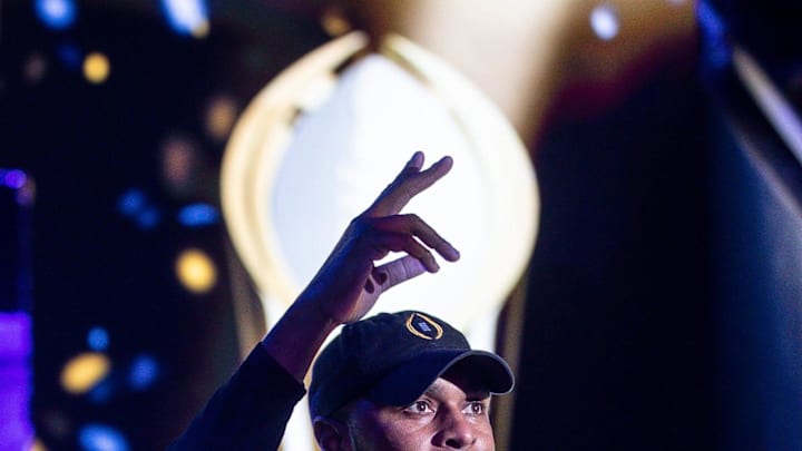 Jan 13, 2024; Ann Arbor, MI, USA; Michigan offensive coordinator Sherrone Moore is introduced during the national championship celebration at Crisler Center in Ann Arbor on Saturday, Jan. 13, 2024. Mandatory Credit: Junfu Han-USA TODAY Sports