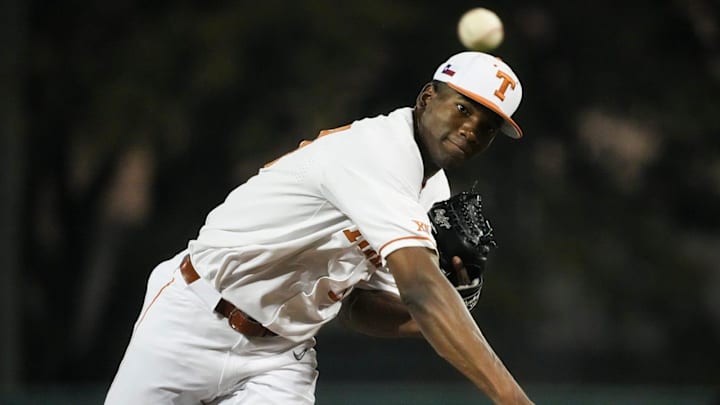 Texas pitcher Lebarron Johnson Jr. (57) pitches during the home game against LSU.