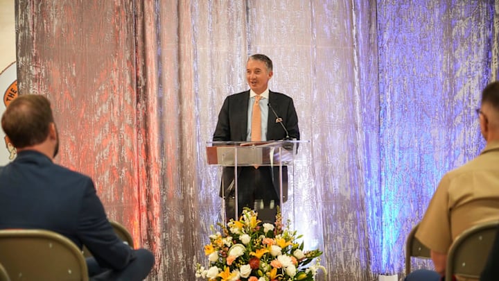 University President Jay Hartzell gives remarks during The University of Texas at Austin   s annual wreath-laying ceremony at DKR-Texas Memorial Stadium Thursday, Nov. 3, 2023. The annual ceremony honors those who have served in the armed forces and their families.