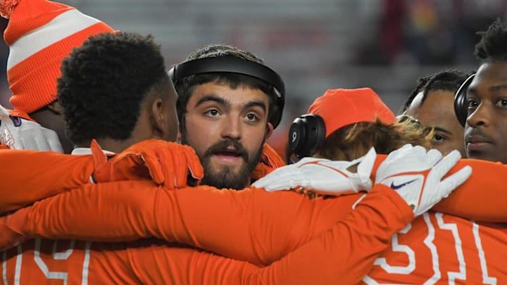 Nov 25, 2023; Columbia, South Carolina, USA; Clemson running back Will Shipley (1) huddles with teammates.
