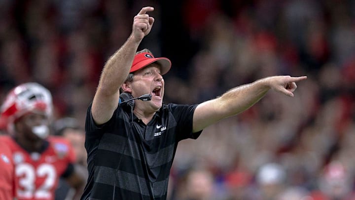Georgia head coach Kirby Smart shouts to his players during the Sugar Bowl against Texas on Jan. 1, 2019 in New Orleans, Louisiana. Georgia head coach Kirby Smart shouts to his players during the Sugar Bowl against Texas on Jan. 1, 2019 in New Orleans, Louisiana.