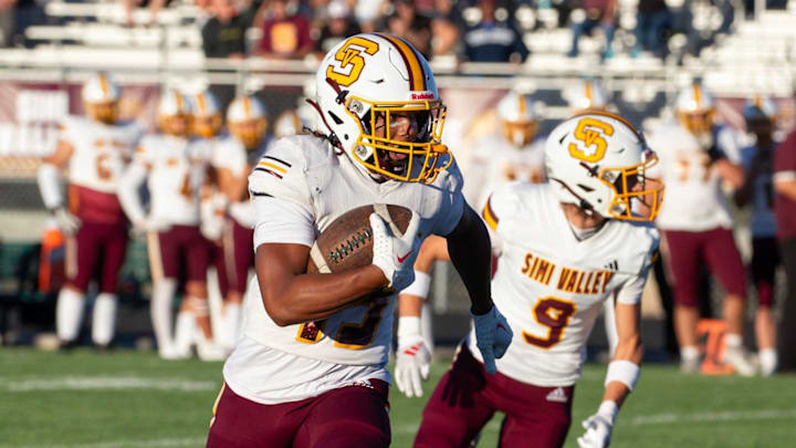 Simi Valley’s Brice Hawkins (15) runs back a punt in the first half against Spanish Springs in a football game played on Friday night, August 16, 2024 at Spanish Springs High School in Sparks, Nevada.