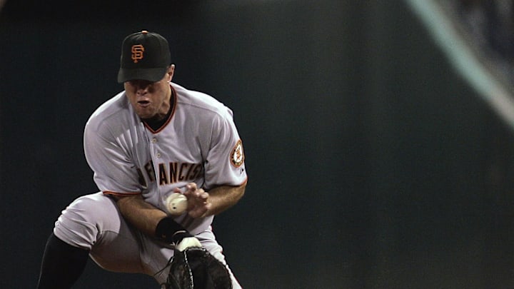 First baseman J.T. Snow #6 of the San Francisco Giants fields a ground ball against the St. Louis Cardinals at Busch Stadium in 2005. First baseman J.T. Snow #6 of the San Francisco Giants fields a ground ball against the St. Louis Cardinals at Busch Stadium in 2005.
