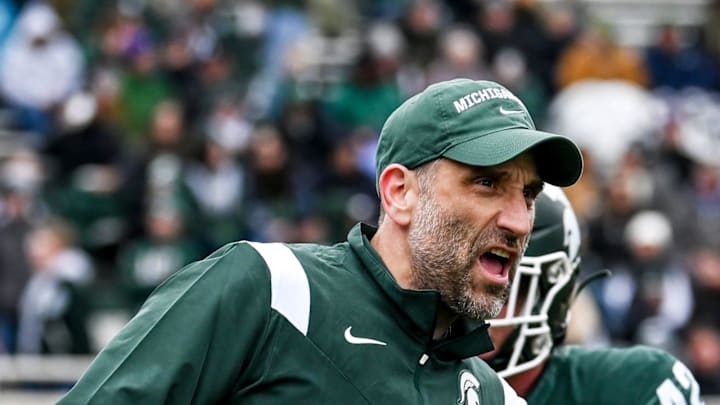 Michigan State's defensive coordinator Joe Rossi works with the linebackers during the Spring Showcase on Saturday, April 20, 2024, at Spartan Stadium in East Lansing.