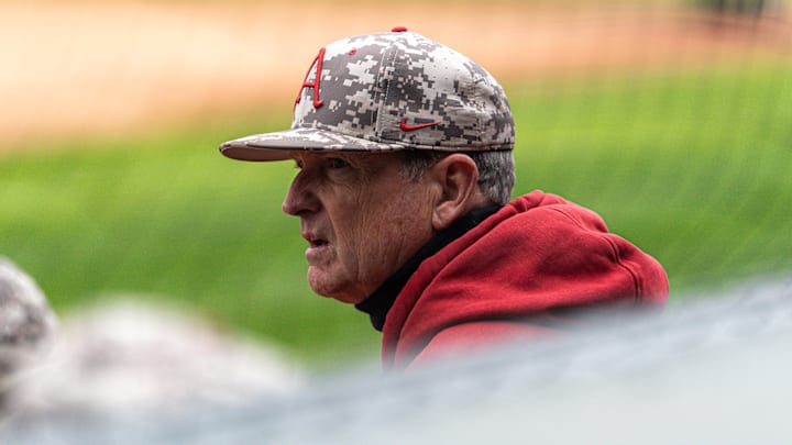 Arkansas coach Dave Van Horn looks on from the dugout during Saturday's doubleheader sweep against Missouri. The Hogs won all three games in the series and outscored the Tigers 51-9. Arkansas coach Dave Van Horn looks on from the dugout during Saturday's doubleheader sweep against Missouri. The Hogs won all three games in the series and outscored the Tigers 51-9.